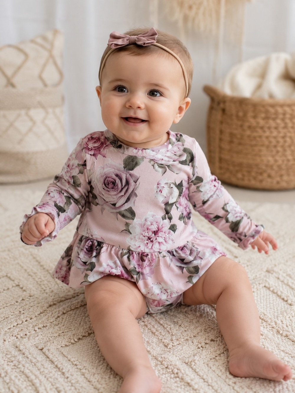 Little Bum Bums Bamboo Floral BodysuiBaby Floral Long-Sleeve Romper Dress - Pink